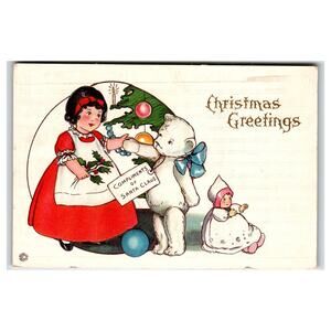 Antique Stecher Christmas Greetings Postcard Girl Teddy Bear Santa 1910s